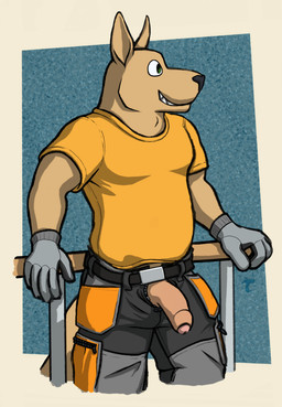 abstract_background anthro belt big_penis brown_body brown_fur clothed clothing construction_worker foreskin fur genitals gloves grin half-erect handwear humanoid_genitalia humanoid_penis leaning looking_aside male penis smile solo worker tuubi kangaroo macropod mammal marsupial absurd_res digital_media_(artwork) hi_res