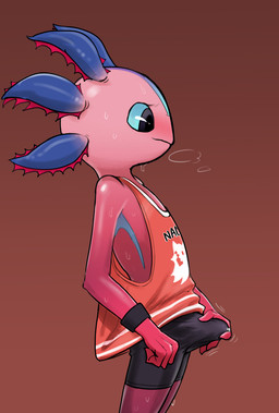 anthro aroused athletic_wear black_clothing black_legwear blue_sclera blush bodily_fluids bottomwear breath bulge clothing detailed_bulge erection erection_under_clothing external_gills genital_fluids genital_outline gills gradient_background gym_bottomwear gym_shorts imminent_orgasm leaking_precum legwear looking_down looking_down_at_genitalia looking_down_at_penis male orange_clothing orange_topwear penis_outline pink_body precum red_background rubbing_penis shirt shorts side_view simple_background solo sweat tank_top topwear dapong epic_games fortnite axo_(fortnite) amphibian aquatic axolotl mole_salamander salamander