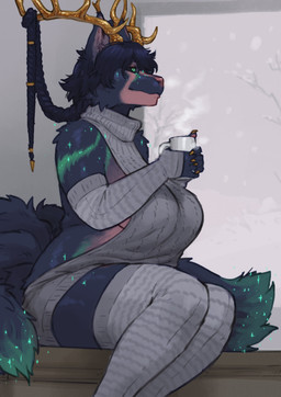 anthro big_breasts braided_hair breasts clothing female hair horn solo sweater topwear virgin_killer_sweater winter yellow_horn starlyve meme_clothing canid canine canis mammal wolf absurd_res hi_res meme