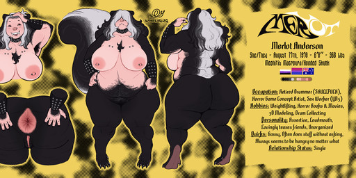 anus areola barbell_piercing big_breasts big_butt bisexual_pride_colors black_body black_fur black_hair body_hair bracelet breasts butt cellulite chest_tuft collar collarbone_piercing digitigrade facial_piercing fangs female fur genitals hair half-closed_eyes happy_trail highlights_(coloring) huge_breasts huge_butt humanoid_genitalia humanoid_vulva jewelry lgbt_pride lip_piercing long_hair love_handles mostly_nude multicolored_body multicolored_fur narrowed_eyes nipple_barbell nipple_piercing nipples nonbinary_pride_colors nose_piercing open_mouth open_smile overweight overweight_female overweight_humanoid piercing pink_areola pink_nipples presenting presenting_anus pride_colors profanity pubes smile snakebite_piercing solo spiked_collar spikes spread_butt spreading stud_piercing studded_bracelet studded_jewelry studs teeth text thick_thighs tuft two_tone_body two_tone_fur vulva white_body white_fur white_highlights wide_hips wonderslug merlot_(wonderslug) animal_humanoid humanoid mammal mammal_humanoid mephitid mephitid_humanoid skunk_humanoid absurd_res english_text hi_res model_sheet nonbinary_(lore)