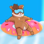 anthro belly brown_body brown_fur buckteeth dessert doughnut eyewear food fur goggles male multicolored_body multicolored_fur overweight pastry pool_float pool_toy short_arms short_legs slightly_chubby solo teeth tuft water white_body white_fur tanukki doug_(bouncykauda) cricetid hamster mammal rodent 1:1 hi_res