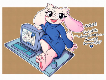 3_fingers 3_toes accessory anthro barefoot black_eyes blue_clothing blue_dress blue_flower blue_sweater blue_topwear blush blush_lines boasting border bottomless breasts brown_background clothed clothing computer computer_monitor computer_mouse digit_ring drawing_in_a_drawing dress electronics eyebrows eyelashes facial_scar fangs feet female fingers flirting floppy_ears flower flower_in_hair fur gem hair hair_accessory heart_symbol jewelry just_married keyboard looking_at_viewer lop_ears open_mouth open_smile pawpads plant ring scar scut_tail short_tail simple_background sitting_on_desk small_breasts smile solo sparkles sweater sweater_only tail teeth text three-quarter_view toes topwear topwear_only wedding_dress wedding_ring white_body white_border white_fur white_hair wide_hips x_scar waterphoenix cave_story sue_sakamoto lagomorph mammal mimiga 2025 absurd_res english_text hi_res widescreen
