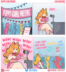 >_< barking big_breasts blonde_hair bottomwear breasts clothing crop_top crossed_legs crowd curly_hair electronics eyes_closed female female_humanoid gradient_background group hair huge_breasts microphone open_mouth pink_bottomwear pink_clothing pink_crop_top pink_shirt pink_skirt pink_topwear shirt simple_background sitting skirt smile text topwear white_hair onigiri_punch animal_humanoid canid canid_humanoid canine canine_humanoid dog_humanoid humanoid mammal mammal_humanoid absurd_res comic english_text hi_res