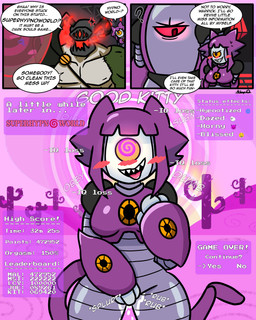 1_eye 3_panel_comic anthro armor blush blush_stickers bodily_fluids breasts cactus dialogue duo emoji exclamation_point female fingering gameplay_mechanics genital_fluids headgear heart_symbol helmet hypnosis intelligence_loss machine male masturbation mind_control muscular muscular_male onomatopoeia open_mouth plant question_mark solo sound_effects speech_bubble spiral spiral_pupils status_effect tail teeth text vaginal vaginal_fingering vaginal_fluids vaginal_masturbation kilroylucy18 gameoverse glitch_productions malice_(gameoverse) mayhem_(gameoverse) warrick_(gameoverse) felid feline felis humanoid mammal robot robot_anthro 2026 absurd_res comic digital_media_(artwork) english_text hi_res signature