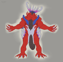 anthro feet front_view fur grey_background grey_body horn looking_at_viewer male membrane_(anatomy) mouth_closed muscular muscular_anthro muscular_male nude orange_eyes overweight overweight_anthro overweight_male simple_background solo standing toes webbed_feet webbed_hands white_body white_fur aduran nintendo pokemon ancient_pokemon apex_build_koraidon generation_9_pokemon koraidon legendary_pokemon paradox_pokemon pokemon_(species) 2022 absurd_res dated full-length_portrait hi_res portrait signature