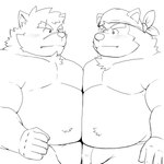 anthro belly belly_to_belly blush bulge bulge_frottage duo eyebrows male male/male musclegut muscular nipples pecs pecs_frottage scar shirtless thick_eyebrows mohumohudansi lifewonders live_a_hero tokyo_afterschool_summoners mokdai moritaka_(tas) canid canine canis domestic_dog mammal 1:1 hi_res line_art monochrome