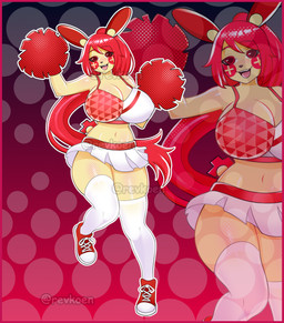 anthro anthrofied armor big_breasts border breasts butt cheerleader clothing corset dress female gloves hair handwear horn huge_breasts legwear lingerie long_hair nipple_outline pokemorph red_border solo thick_thighs thigh_highs topwear wide_hips revkoen nintendo pokemon generation_3_pokemon plusle pokemon_(species) absurd_res hi_res model_sheet watermark