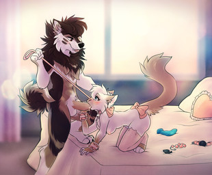 accessory all_fours anal_beads anthro anthro_on_anthro ball_gag balls bdsm bed bell blue_eyes blush bodily_fluids bow_(feature) bow_accessory bow_ribbon bracelet breasts brown_eyes brown_hair buttplug chest_tuft clothing collar dildo dominant dominant_male dripping duo erection fangs fellatio female fur furgonomics furniture gag genitals hair inside jewelry leash legwear looking_down male male/female male_penetrating neck_bow nipples nude oral oral_penetration penetration penile penis petplay pillow plug_(sex_toy) ribbons roleplay saliva sex sex_toy sex_toy_background smile standing stockings tail tail_accessory tail_bow tail_ribbon teeth tongue tongue_out tuft white_body white_fur white_hair nekoshiba canid canine canis domestic_cat domestic_dog felid feline felis mammal 2016 hi_res