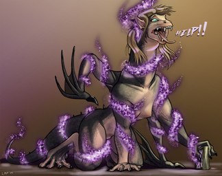 anthro blonde_hair book breasts calling_for_help claws curse dialogue fangs female growth hair horn magic nude scales solo spell spikes tail teeth text tongue transformation wings lord_magicpants mythology dragon mythological_creature mythological_scalie scalie english_text hi_res