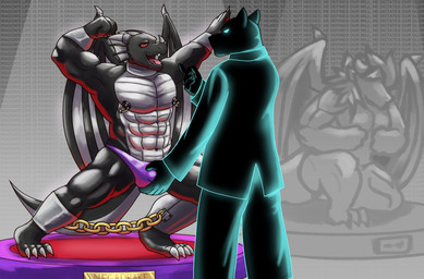 anthro barazoku black_body bound bulge chain chained claws clothing collar cuff_(restraint) dorsal_fin dorsal_frill ear_fins fin frill_(anatomy) grey_body horn male multicolored_body nipple_piercing nipple_ring nipples piercing pose red_eyes restraints ring_piercing sculpture spines spread_legs spreading statue text underwear wings haha-yea mythology negadrake dragon mythological_creature mythological_scalie scalie 2024 english_text hi_res