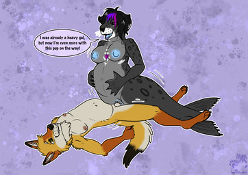 anthro blue_nipples bodily_fluids breasts cowgirl_position cum cum_in_vagina cum_inside dialogue duo fangs female female_on_top from_front_position genital_fluids genitals holding_belly holding_pregnant_belly larger_female legless male male/female markings membrane_(anatomy) nipples on_bottom on_top penetration pregnant ring_(marking) sex size_difference speech_bubble split_form teeth text vaginal vaginal_penetration vulva webbed_hands whiskers arwenscoots conditional_dnp jeeper canid canine canis coyote harbor_seal hybrid leopard_seal mammal marine merfolk pinniped seal english_text