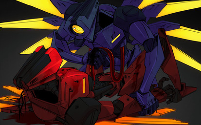 1_eye ambiguous_gender armored_body blood blue_body bodily_fluids duo grey_background machine not_furry red_body simple_background wings wire yellow_eyes protoheex new_blood_interactive ultrakill v1_(ultrakill) v2_(ultrakill) humanoid robot digital_drawing_(artwork) digital_media_(artwork) hi_res