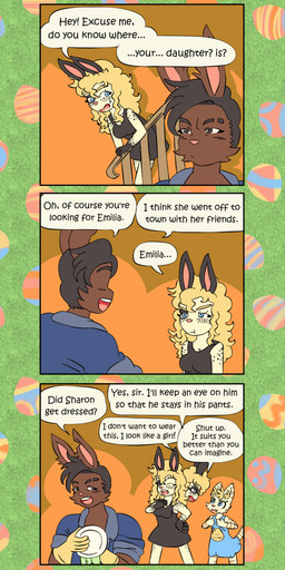 alternate_universe angry anthro black_body black_fur black_spots blonde_eyebrows blonde_hair blue_clothing blue_dress blue_eyes blue_topwear bodily_fluids breasts brown_body brown_fur brown_stripes cat_tail cleavage clothed clothing crossdressing_male crossgender cute_fangs dialogue dress easter_egg eyebrow_slit eyebrows eyes_closed fangs female fur gloves grey_eyebrows grey_eyes grey_hair group hair handwear holidays looking_at_another looking_back looking_back_at_another male markings open_mouth open_smile pink_nose rabbit_ears railing scut_tail short_tail smile speech_bubble spots spotted_body spotted_fur striped_body striped_fur striped_markings striped_tail stripes sweat sweatdrop tail tail_markings talking_to_another tan_body tan_fur tan_tail teeth text topwear trio washing_dishes worried yellow_clothing yellow_gloves yellow_handwear yellow_tail young young_anthro young_male bisonvega easter cat_girl_(bisonvega) cousin_bunny_(bisonvega) daddy_bunny_(bisonvega) domestic_cat felid feline felis lagomorph leporid mammal rabbit 2026 comic english_text hi_res
