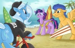 2015 beach bicycle blue_eyes blue_hair bottomwear clothing cloud cutie_mark detailed_background equid equine feathered_wings feathers female feral flash_sentry_(mlp) friendship_is_magic fur group hair hasbro hat headgear headwear horn jacket male mammal multicolored_hair my_little_pony mythological_creature mythological_equine mythology outside palm_tree pegasus plant purple_body purple_eyes purple_fur purple_hair sand sea seaside shorts sky sophiecabra surfboard topwear tree trixie_(mlp) twilight_sparkle_(mlp) two_tone_hair unicorn vehicle water watercraft winged_unicorn wings