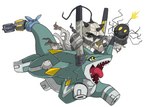 ambiguous_gender bomb duo explosives feral fuse green_body horn quadruped riding sharp_teeth simple_background teeth tongue white_background yellow_eyes portugueselynx bandai_namco digimon bombermon digimon_(species) humanoid wezengammamon