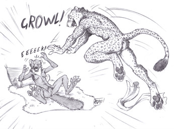 anthro anus backsack balls biped blush bodily_fluids breasts butt claws dialogue duo fangs female genital_fluids genitals inside male male/female mature_female neck_tuft nervous nervous_smile nipples nude open_mouth open_smile paws pounce sagging_breasts screaming smile speech_bubble spread_legs spread_vulva spreading surprised tail teeth text toe_claws tuft vulva 0laffson cave_lion felid gulonine mammal marten mustelid musteline pantherine pine_marten prehistoric_species 2026 comic english_text greyscale monochrome traditional_media_(artwork)
