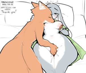 alternate_costume anthro areola bed biped blush bodily_fluids breasts clothing clothing_swap duo female fingering fingering_partner fur furniture genital_fluids green_clothing green_shirt green_topwear grey_body male male/female moan mostly_nude nipples nude on_bed orange_body predator/prey sex shirt thick_thighs topwear vaginal vaginal_fingering vaginal_fluids white_body wide_hips onae_ane disney zootopia judy_hopps nick_wilde canid canine fox lagomorph leporid mammal rabbit 2026 dated hi_res