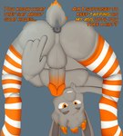 anthro anus balls clothing floppy_ears fur genitals glans grey_body grey_fur hair horn humanoid_genitalia humanoid_penis legwear male mostly_nude orange_clothing orange_eyes orange_glans orange_horn orange_legwear orange_thigh_highs pattern_clothing pattern_legwear pattern_thigh_highs penis raised_tail scut_tail short_tail solo striped_clothing striped_legwear striped_thigh_highs stripes tail tail_anus teasing teasing_viewer text thigh_highs thigh_highs_only conditional_dnp gusta gusta_(gusta) bovid caprine goat mammal english_text hi_res