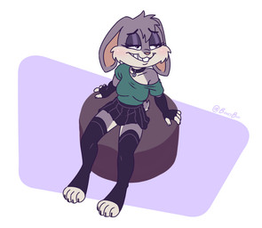 4_toes angle anthro bean_bag blush bottomwear breasts cheek_tuft chest_focus claws cleavage clothed clothing collar confident confident_pose cushion facial_tuft feet female fingerless_gloves flirting footwear fur furniture gloves grey_body grey_fur handwear inner_ear_fluff jewelry legwear long_ears necklace paws perspective plantigrade purple_background purple_body purple_fur shirt short_fur simple_background sitting skirt smile smug socks solo t-shirt tail thigh_highs toe_claws toeless_footwear toeless_socks toes topwear tuft visible_tail white_body white_fur bearyboo violet_bunny lagomorph leporid mammal rabbit digital_media_(artwork) hi_res