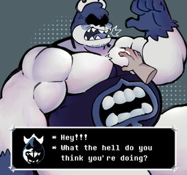 anthro belly belly_mouth big_belly blue_tongue clothed clothing dialogue duo forced leotard male male/male moob_grab moobs muscular muscular_male overweight shadowed_face simple_background text tongue white_body sucio_pelon deltarune undertale_(series) anon king_spade darkner humanoid english_text hi_res