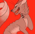 ambiguous_gender brown_body brown_fur claws countershade_fur countershade_torso countershading dipstick_tail fangs feral fur markings open_mouth paws red_background simple_background solo tail tail_markings teeth tongue tongue_out whiskers aevris canid canine mammal