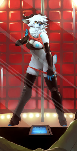 anthro blue_nipples blue_nose breasts chest_tuft clothed clothing dancing duo female first_person_view front_view fur genitals hair horn inside latex looking_at_viewer nipples one_breast_out orange_eyes panties panties_down partially_clothed pole pole_dancing solo_focus standing teasing tuft underwear underwear_down undressing vulva white_body white_fur white_hair faint nosivi bovid caprine goat mammal 2013 detailed