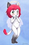 anthro blush casual_nudity female fur genitals green_eyes hair halo humanoid_genitalia innie_pussy looking_at_viewer navel nude pussy red_hair simple_background solo white_body white_fur wings young young_anthro zeklullaby rick_softpaw angel cherub domestic_cat felid feline felis mammal digital_media_(artwork) hi_res