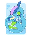 2_toes ambiguous_gender anthro black_eyes blue_body blue_eyes blue_hair cleaning duo feet green_markings hair half-closed_eyes licking markings narrowed_eyes open_mouth purple_hair semi-anthro toes tongue tongue_out nanakusa_leo nintendo pokemon amphibian drizzile generation_8_pokemon pokemon_(species) sobble low_res
