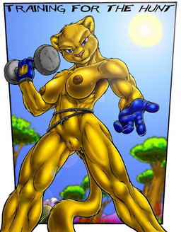 anthro biceps blue_clothing blue_eyes blue_gloves blue_handwear bodily_fluids border breasts brown_nipples clothing dumbbell exercise female fur genitals gloves handwear lens_flare looking_at_viewer low-angle_view monotone_body monotone_fur muscular muscular_anthro muscular_female nipples nude plant reaching sky solo sun sweat tail text training tree vulva weightlifting weights white_border workout yellow_body yellow_fur max_blackrabbit felid lion mammal pantherine compression_artifacts digital_media_(artwork) english_text