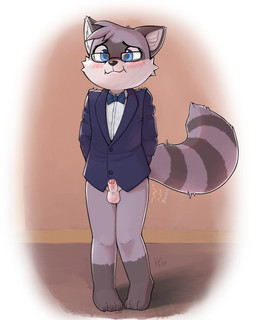 3_toes anthro balls biped black_eyebrows blue_bow_tie blue_clothing blue_eyes blue_suit blush blush_lines bodily_fluids bottomless bottomless_anthro bottomless_male bow_tie brown_body brown_fur brown_nose brown_tail buzzing claws clothed clothed_anthro clothed_male clothing dripping embarrassed erection eyebrows eyewear facial_markings feet foreskin fur genital_fluids genitals glans glasses glistening glistening_eyes hand_behind_back head_markings humanoid_genitalia humanoid_penis leg_markings looking_at_viewer male male_anthro markings mask_(marking) mismatched_genitalia mismatched_humanoid_penis mismatched_penis mouth_closed penis pink_glans precum precum_drip rectangular_glasses retracted_foreskin ring_(marking) ringed_tail shirt small_balls small_penis socks_(marking) solo sound_effects striped_markings striped_tail stripes suit tail tail_markings toe_claws toes topwear undershirt vibrating vowelless vowelless_sound_effect wearing_glasses white_clothing white_shirt white_topwear young young_anthro young_male ajin mammal procyonid raccoon 2026 4:5 digital_media_(artwork) hi_res signature