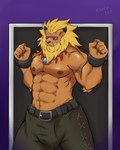 5_fingers absurd_res angry anthro bandai_namco blonde_hair bottomwear clothed clothing cuff_(restraint) digimon digimon_(species) ear_piercing ear_ring fingers fur hair hi_res kento267 kidnap kidnapping leomon male muscular muscular_anthro muscular_male nipples orange_body orange_fur pants piercing restraints ring_piercing shackles solo submissive submissive_male visor