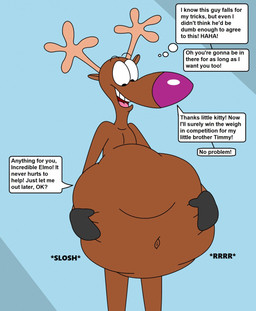 anthro antlers belly big_belly biped black_eyes brown_body brown_fur casual_nudity collarbone dialogue floating_eyebrows fur grey_hooves hoof_hands hooves horn huge_belly looking_at_own_belly looking_at_self looking_down looking_down_at_belly looking_down_at_self male male_pred morbidly_obese morbidly_obese_anthro morbidly_obese_male navel nude obese obese_anthro obese_male open_mouth overweight overweight_anthro overweight_male pecs pose red_nose rumbling_stomach sloshing_belly smile solo sound_effects speech_bubble standing talking_to_another tan_antlers text thought_bubble vore white_sclera heavymetalrules 20th_century_fox eek!_the_cat fox_kids nelvana eek_(character) elmo_the_elk cervine deer elk mammal 2019 colored digital_drawing_(artwork) digital_media_(artwork) english_text flat_colors hi_res pinup