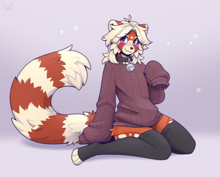 anthro big_tail black_clothing black_collar black_legwear black_stockings blonde_hair blush brown_markings cheek_tuft clothed clothing collar facial_tuft fur hair legwear long_hair long_sleeves looking_away male markings multicolored_body multicolored_fur orange_body orange_fur pantsless purple_eyes shy shy_smile simple_background sitting solo star_(marking) stockings sweater tail tan_markings topwear tuft fleurfurr ailurid mammal red_panda colored digital_drawing_(artwork) digital_media_(artwork) hi_res shaded