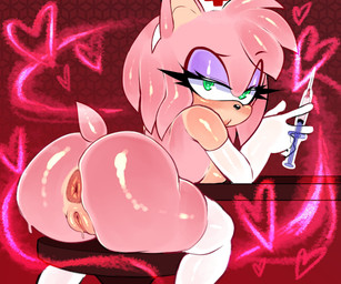 anthro anus armwear bar_stool breasts clothing elbow_gloves eyeshadow female furniture genitals gloves handwear heart_symbol holding_syringe leggings legwear looking_at_viewer looking_back looking_back_at_viewer makeup mascara purple_eyeshadow solo stool tail vulva white_clothing white_leggings white_legwear mayghely sega sonic_the_hedgehog_(series) amy_rose eulipotyphlan hedgehog mammal 2026 digital_drawing_(artwork) digital_media_(artwork) hi_res