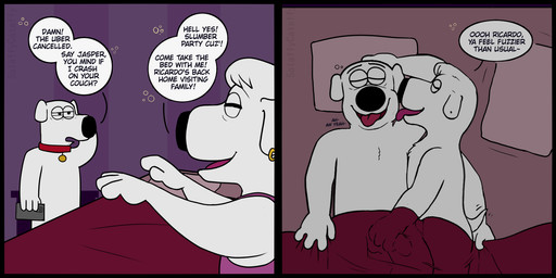 anthro anthro_on_anthro bed black_nose bulge cellphone collar detailed_bulge dialogue drunk duo ear_piercing ear_ring electronics face_lick fur furniture genital_outline handjob licking male male/male motion_lines nude nude_anthro nude_male on_bed open_mouth penile penis_outline phone piercing pillow ring_piercing sex sleep_sex sleeping speech_bubble substance_intoxication tail tail_motion tailwag tear_trough text tongue tongue_out white_body white_fur solaffycataffy_(artist) family_guy brian_griffin jasper_(family_guy) canid canine canis domestic_dog mammal 2:1 comic english_text hi_res accidental_incest_(lore) cousins_(lore) incest_(lore)