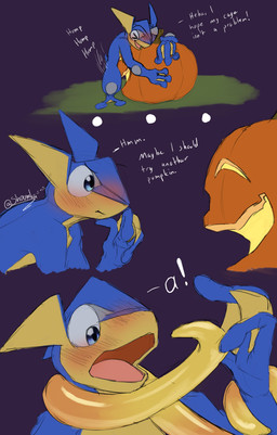 food fruit grinding jack-o'-lantern male plant pumpkin surprised tentacles shoomka nintendo pokemon blu_(shoomka) generation_6_pokemon greninja pokemon_(species) absurd_res hi_res
