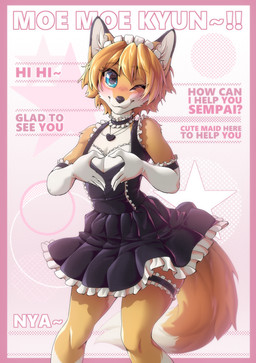 anthro blush clothed clothing crossdressing crossdressing_male fluffy fluffy_tail fur looking_at_viewer maid_uniform male moe moemoekyun multicolored_body multicolored_fur orange_body orange_fur solo sute tail text two_tone_body two_tone_fur uniform white_body white_fur vikavi canid canine fox mammal absurd_res english_text hi_res