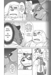 anthro awkward bathroom bear biceps bodily_fluids canid canine clenched_teeth clothing comic dialogue english_text fox fur greyscale hi_res jin_(artist) male mammal me_and_my_teacher monochrome muscular slightly_chubby sweat teeth text