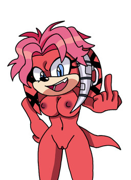 anthro areola blue_eyes breasts duo eyelashes female fur genitals gesture hair hand_gesture middle_finger nipples open_mouth pink_hair red_body red_fur smile smiling_at_viewer tail vulva bannerniceman archie_comics sega sonic_the_hedgehog_(archie) sonic_the_hedgehog_(comics) sonic_the_hedgehog_(series) lien-da echidna mammal monotreme