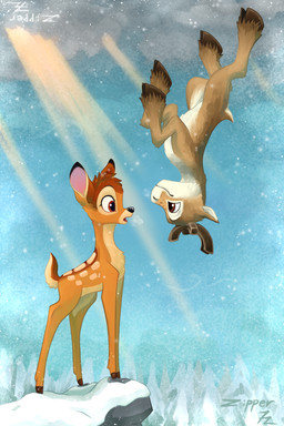 eye_contact feral flying hooves looking_at_another male smile snow snowing solo surprised upside_down winter zipper_7z bambi_(film) disney bambi niko_(fbc) deer mammal new_world_deer reindeer absurd_res hi_res