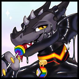 anthro candy clothing dessert food grey_body horn latex latex_clothing latex_collar latex_transformation lgbt_pride licking liquid_latex lollipop male pride_color_accessory pride_colors progress_pride_colors simple_background six-stripe_rainbow_pride_colors solo tongue transformation yellow_eyes maefeline mythology obsidiax dragon living_latex mythological_creature mythological_scalie scalie 1:1 2025 digital_media_(artwork) headshot_portrait hi_res portrait