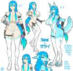 accessory anthro armor big_breasts bikini biped blue_body blue_fur blue_hair bracelet bracers breasts claws cleavage clothed clothing digitigrade digitigrade_heels eyelashes female fingerless_gloves footwear fur garter gloves hair handwear high_heels huge_breasts jewelry knife legwear long_hair looking_at_viewer markings mole_(marking) mule_heels one-piece_swimsuit shoes simple_background sling_bikini smile solo swimwear tail tattoo teal_eyes text thigh_highs transformation transformation_sequence two-piece_swimsuit whiskers white_background wide_hips nnecgrau sarai_(nnecgrau) canid canine fox human mammal 2017 cel_shading english_text japanese_text model_sheet sequence shaded translated