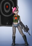 anthro black_nose boots bottomwear clothed clothing crop_top denim denim_bottomwear denim_clothing denim_shorts electronics eye_patch eyebrows eyewear facial_piercing female flat_chested footwear gun hair hand_on_hip headphones headphones_around_neck holding_gun holding_object holding_ranged_weapon holding_weapon lip_piercing looking_at_viewer markings midriff navel p90 piercing pink_hair ranged_weapon scar shirt shoes shooting_range shorts solo spots spotted_body standing submachine_gun text topwear weapon young young_anthro danaume fabrique_nationale_herstal felid hybrid lagomorph leopard leporid mammal pantherine rabbit english_text hi_res