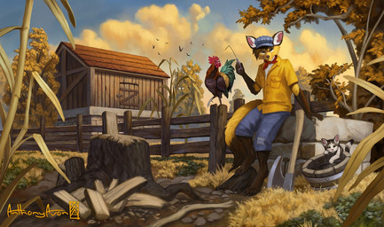 ambient_silhouette ambiguous_gender anthro axe barefoot bendy_straw beverage biped black_body black_feathers bottomwear brown_hair bucket clothed clothing container day detailed_background dipstick_tail drinking_straw feathers feet fence feral firewood forest fur grass group hair hat headgear headwear holding_object looking_at_another male markings melee_weapon multicolored_tail nature outside pants plant rock shed shirt silhouette sitting sky smile tail tail_markings topwear tree trio_focus water weapon white_body white_fur yellow_body yellow_fur young young_ambiguous young_feral anthonyavon ambient_bird ambient_flier avian bird canid canine chicken domestic_cat felid feline felis fox galliform mammal phasianid 2019 detailed digital_media_(artwork)