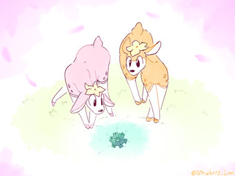 cherry_blossom duo feral flower flower_on_head grass grass_field hooves petals plant prunus_(flower) time_gear catjamn nintendo pokemon pokemon_mystery_dungeon spike_chunsoft autumn_deerling deerling generation_5_pokemon pokemon_(species) spring_deerling 2026
