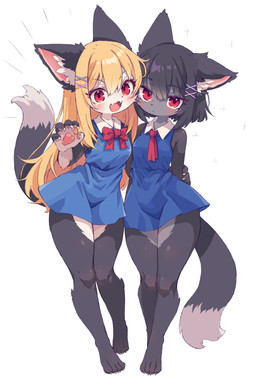 4_toes 5_fingers :< accessory adolescent anthro bangs barefoot bent_arm biped blonde_hair blue_clothing blue_dress blush bow_ribbon claws clothed clothed_anthro clothed_female clothing cute_fangs dipstick_tail dress duo eyebrow_through_hair eyebrows eyelashes eyelashes_through_hair fangs feet female female_anthro finger_claws fingers frown fur glistening glistening_eyes grey_body grey_fur grey_hair grey_tail hair hair_accessory handpaw holding_another inner_ear_fluff iris kemono looking_at_viewer markings mouth_closed multicolored_body multicolored_fur open_mouth pawpads paws pink_inner_ear pink_pawpads pupils red_eyes red_ribbon simple_background sleeveless_dress standing tail tail_markings teeth toe_claws toes translucent translucent_hair tuft two_tone_tail white_background white_body white_fur white_inner_ear_fluff white_sclera white_tail white_tail_tip young kolshica futaba_channel akuma_gaoru canid canine canis mammal wolf 2026 digital_drawing_(artwork) digital_media_(artwork) hi_res shaded