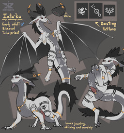 4_fingers 4_toes abstract_background animal_genitalia animal_penis arm_tattoo aztec balls belly_tattoo big_ears big_horn big_tail black_markings black_sclera bracelet butt butt_tattoo chest_tattoo claws curved_horn digit_ring directional_arrow erection eyebrows fangs feet feral finger_ring fingers foot_focus furgonomics furry-specific_piercing gender_symbol genital_piercing genitals gold_(metal) gold_jewelry gold_necklace grey_body grey_finger_claws grey_scales grey_toe_claws hair half-closed_eyes half-erect hole_in_horn horn information_board information_box jewelry leg_tattoo long_tail looking_at_viewer lying male male_symbol markings membrane_(anatomy) membranous_wings mohawk multiple_angles narrowed_eyes necklace notched_ear nude on_side penis piercing presenting presenting_hindquarters quadruped raised_arms raised_leg red_eyes ring scales sheath sheath_piercing simple_background slim smile smug solo spread_legs spreading standing symbol tail tail_tattoo tapering_penis tattoo teeth text toe_ring toes white_body white_scales wings reetogoth american_mythology aztec_mythology mesoamerican_mythology mythology izta'ka dragon mythological_creature mythological_scalie scalie 2025 absurd_res colored digital_drawing_(artwork) digital_media_(artwork) english_text hi_res model_sheet shaded signature simple_shading