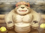 anthro bathing belly brown_body brown_fur brown_nose cute_fangs detailed_background eyes_closed fangs fur humanoid_hands kemono male moobs navel overweight overweight_male sitting solo teeth water kuremura62213 sengoku_puzzle saigou_shirou bear mammal 2021