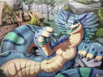 apode blue_body blue_claws blue_eyes blue_scales blue_tongue claws fangs glistening glistening_eyes legless looking_at_viewer markings navel open_mouth outside plant pupils scales serpentine slit_pupils snake_hood solo tail tail_markings tan_body tan_scales teeth tongue tree conditional_dnp kiva~ sydney_(myriad) draconcopode naga reptile scalie snake species_request 2023 dated hi_res signature