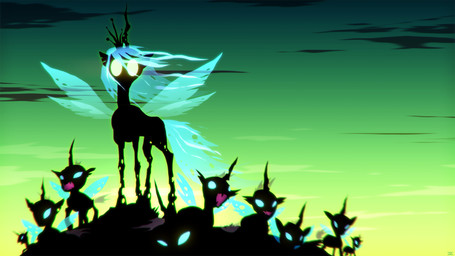 ambiguous_gender blue_eyes blue_hair fangs feral glowing group hair horn insect_wings looking_at_viewer outside quadruped queen royalty sky sunset tail teeth what_has_magic_done wings cmaggot friendship_is_magic hasbro my_little_pony drone_(mlp) queen_chrysalis_(mlp) arthropod changeling_(mlp) equid mammal 16:9 2012 hi_res widescreen
